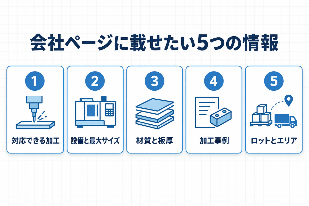 板金工場の会社ページに載せたい5つの情報の図解。対応できる加工、設備と最大サイズ、材質と板厚、加工事例、ロットとエリア