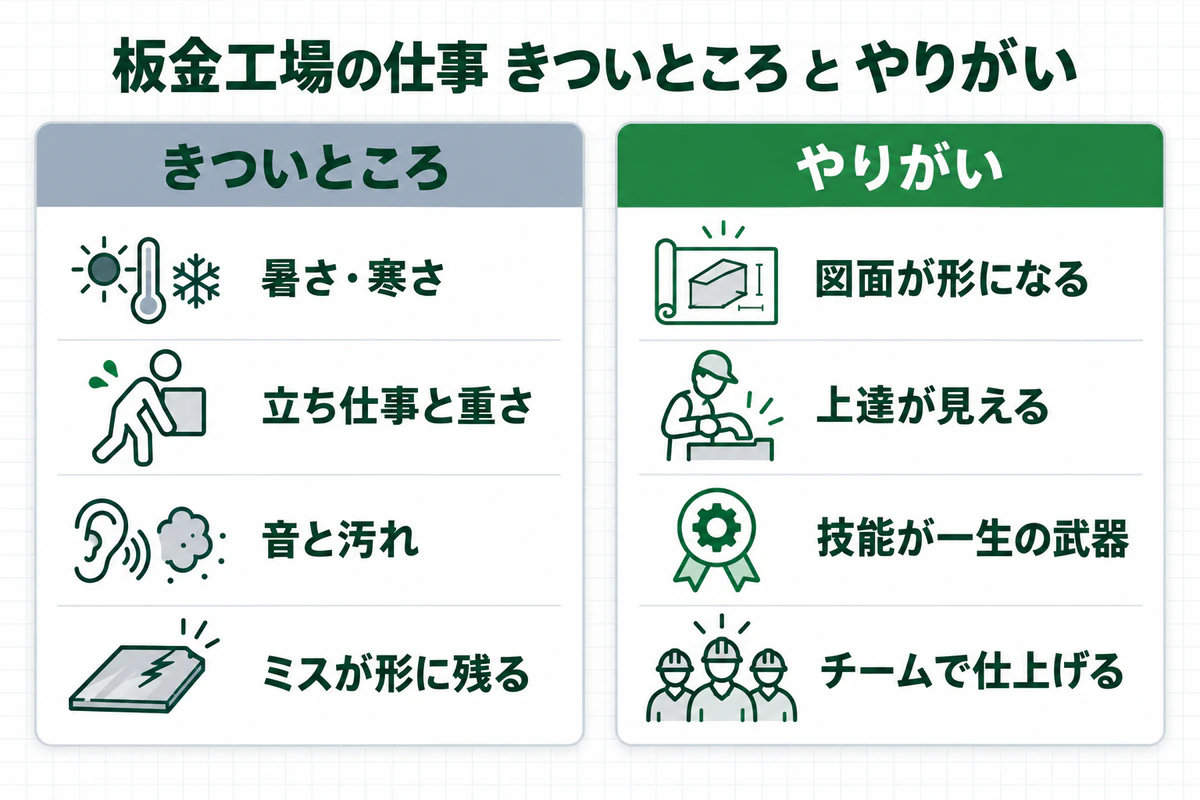 板金工場の仕事のきついところとやりがいを左右に並べた図解。暑さ寒さ・立ち仕事と重さ・音と汚れ・ミスが形に残るに対し、図面が形になる・上達が見える・技能が一生の武器・チームで仕上げる
