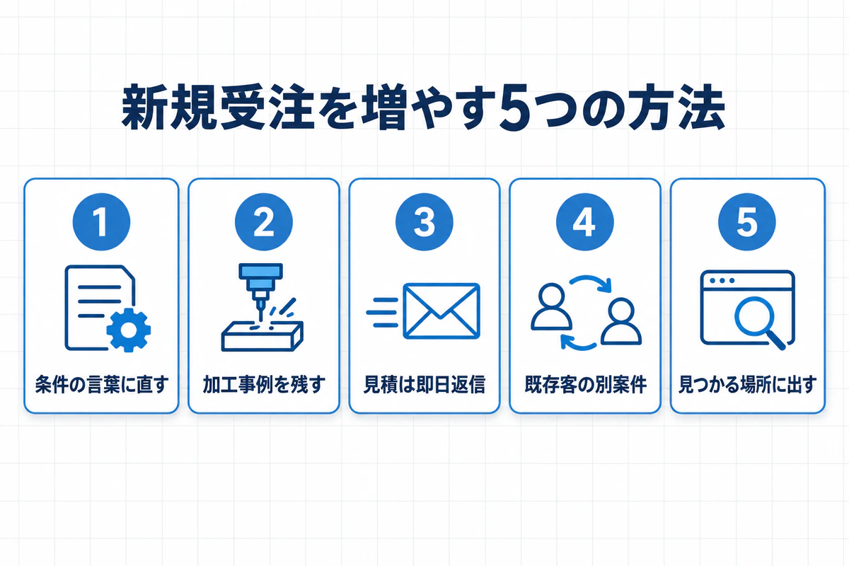 板金工場が新規受注を増やす5つの方法の図解。条件の言葉に直す、加工事例を残す、見積は即日返信、既存客の別案件、見つかる場所に出す