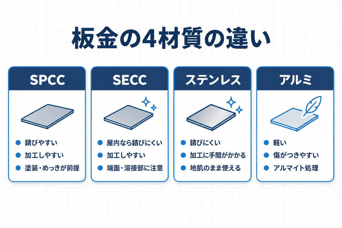 板金の4材質の違いの図解。SPCCは錆びやすく塗装・めっきが前提、SECCは屋内なら錆びにくい、ステンレスは錆びにくく地肌のまま使える、アルミは軽く傷がつきやすい