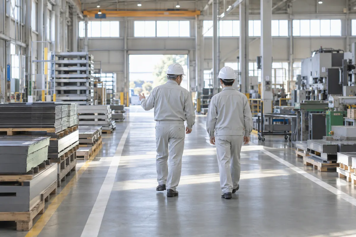 朝の光が入る板金工場の通路で、作業服とヘルメット姿の先輩と新人が並んで歩きながら話している後ろ姿