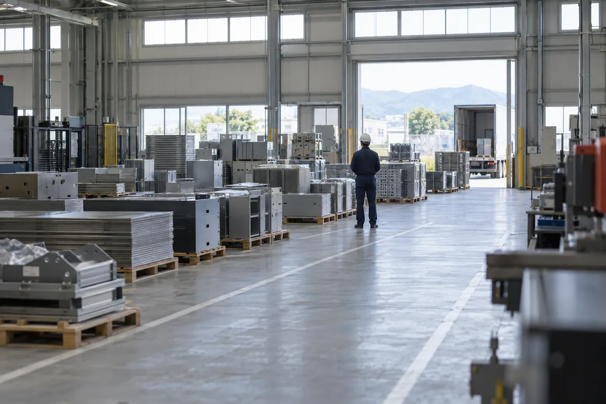 明るい板金工場の出荷場。種類の違う板金部品がパレットごとに分けて積まれ、奥で作業服の人がそれを見渡している後ろ姿