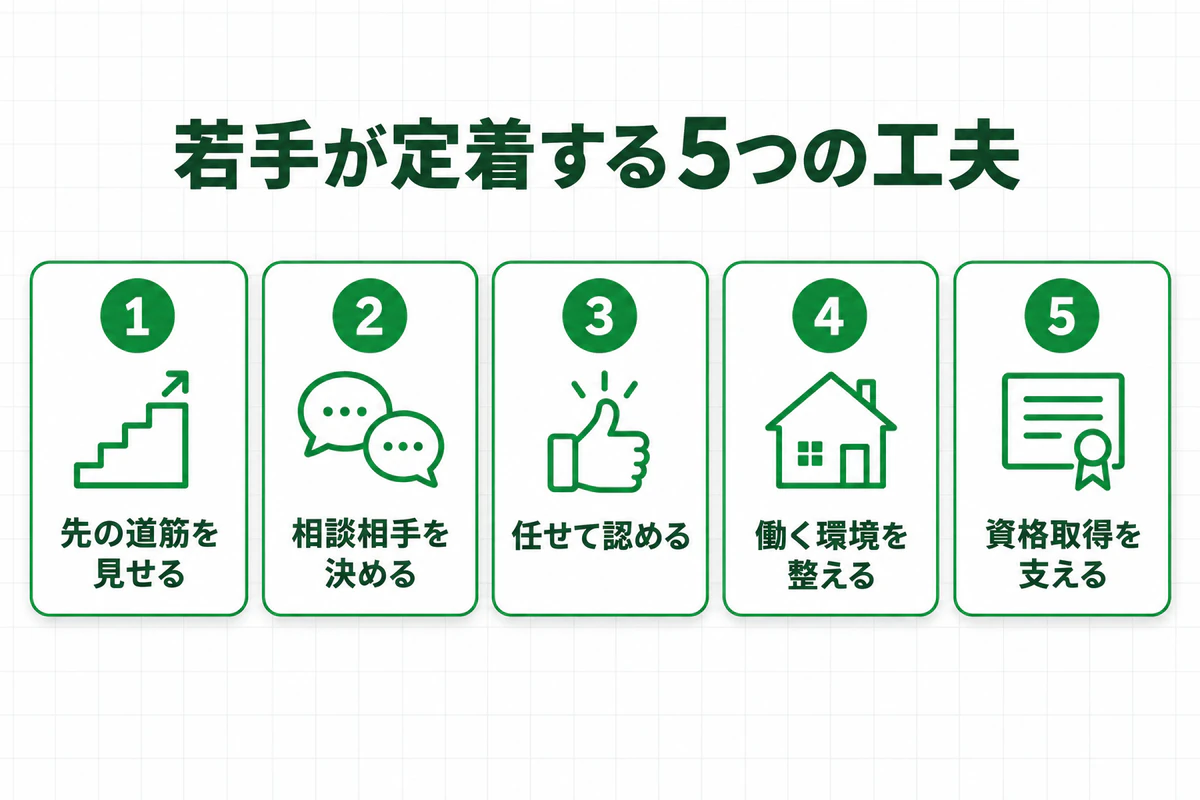 若手が定着する5つの工夫の図解。先の道筋を見せる、相談相手を決める、任せて認める、働く環境を整える、資格取得を支える