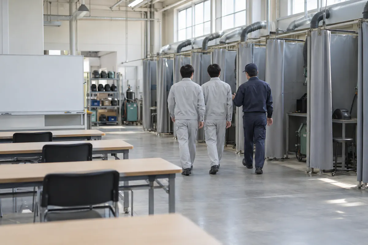 溶接の実習ブースが並ぶ明るい研修室。作業服姿の受講者2人と講師が、ブースのほうへ歩いていく後ろ姿